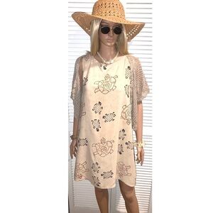 Vintage Peppermint Bay Turtle Rayon dress with net open coverup sweater Large